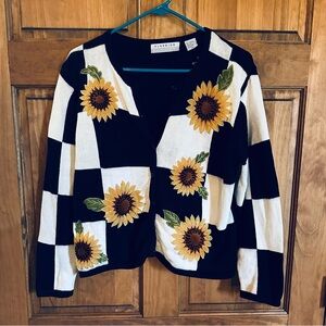 Marisa Christina Black & White vintage Cardigan sweater Sunflowers Size Medium